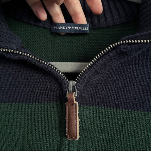 Brandy Melville Navy Blue and Green Quarter Zip Sweatshirt-One Size - Picture 4 of 6